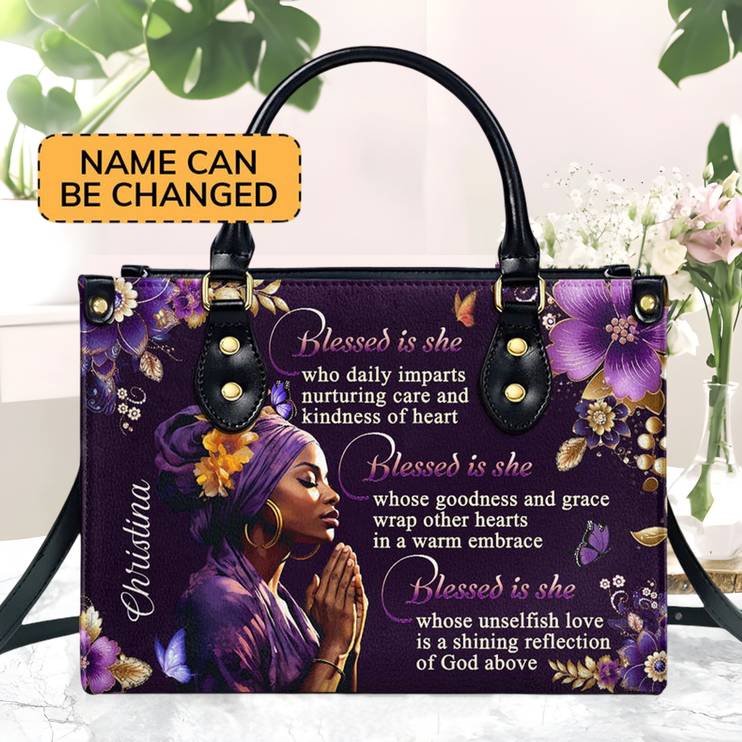 Personalized Christian Leather Handbag, Blessed Is She Custom Name Purse, Faith Prayer Bible Verse Tote for Women BLAF29